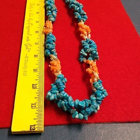 Vintage Multi Strat Chips Turquoise & Coral w/Seed Pearls Gold Tone Bead Necklac - Picture 5 of 8